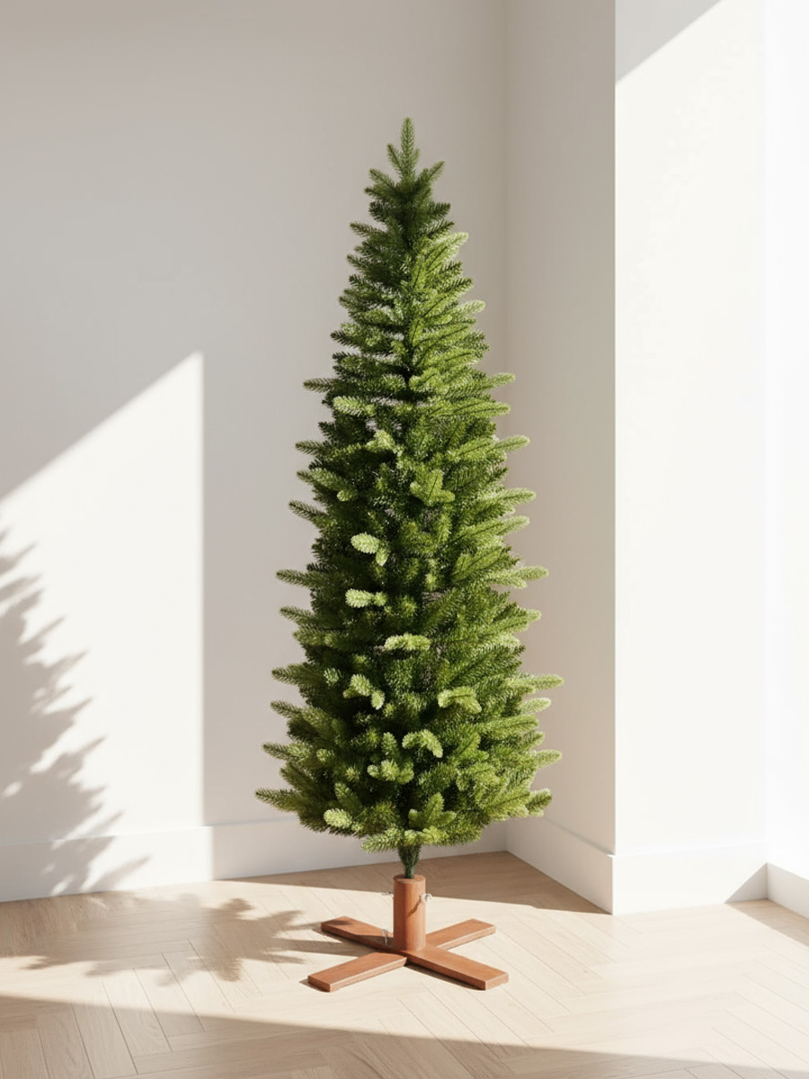 Albero di Natale verde su un supporto di legno, in una stanza luminosa
