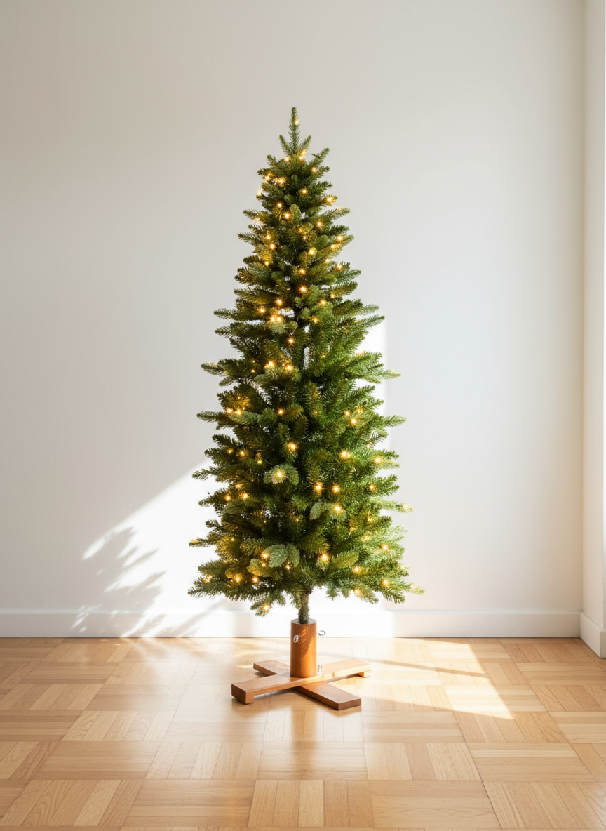 Albero di Natale verde illuminato su un pavimento in legno