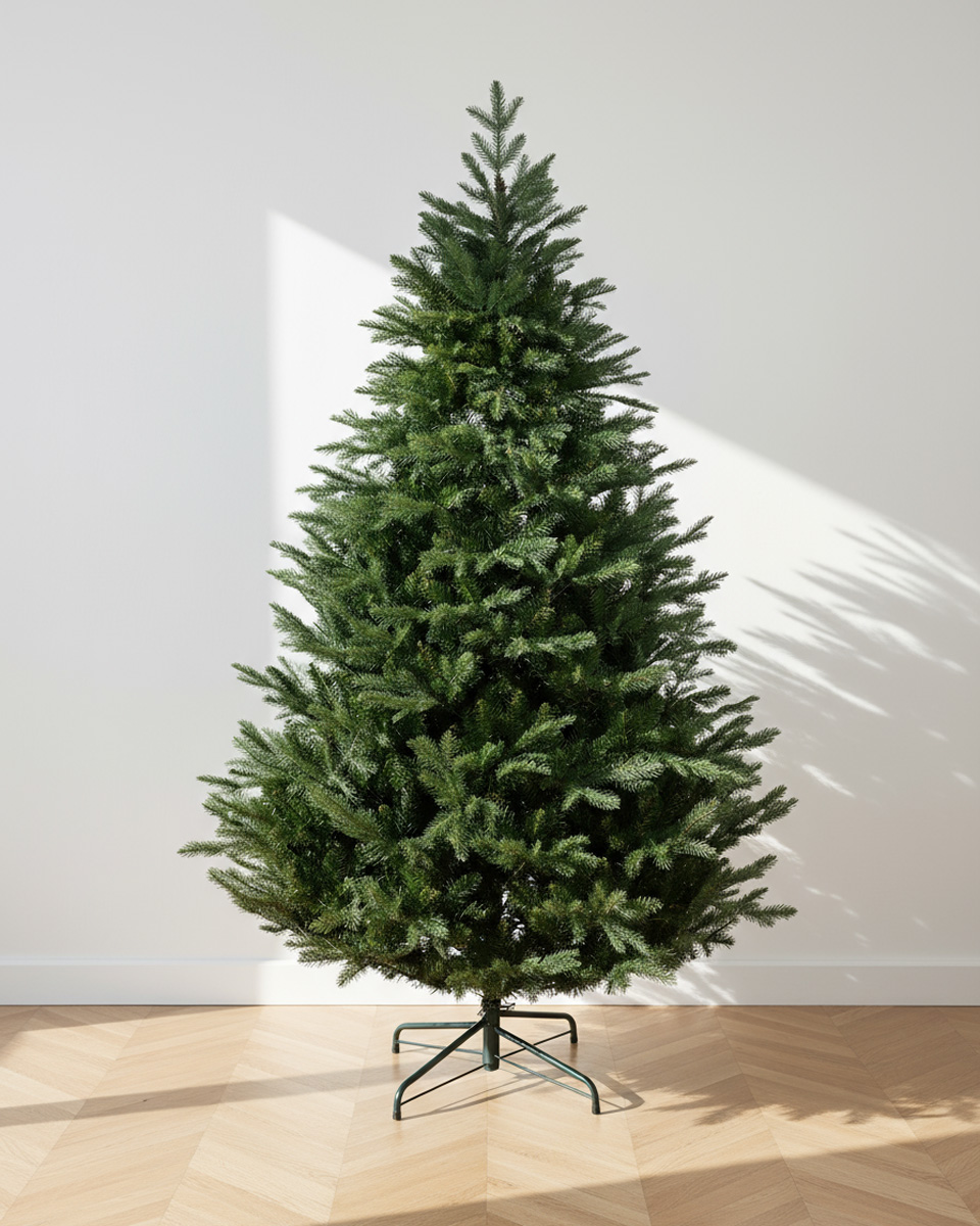 Sapin de Noël vert sur fond blanc avec parquet