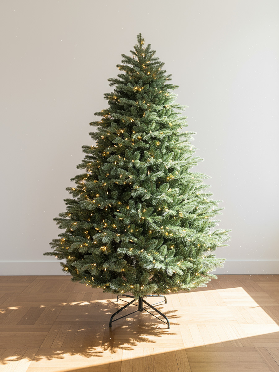 Sapin de Noël vert illuminé de lumières chaudes sur un parquet en bois