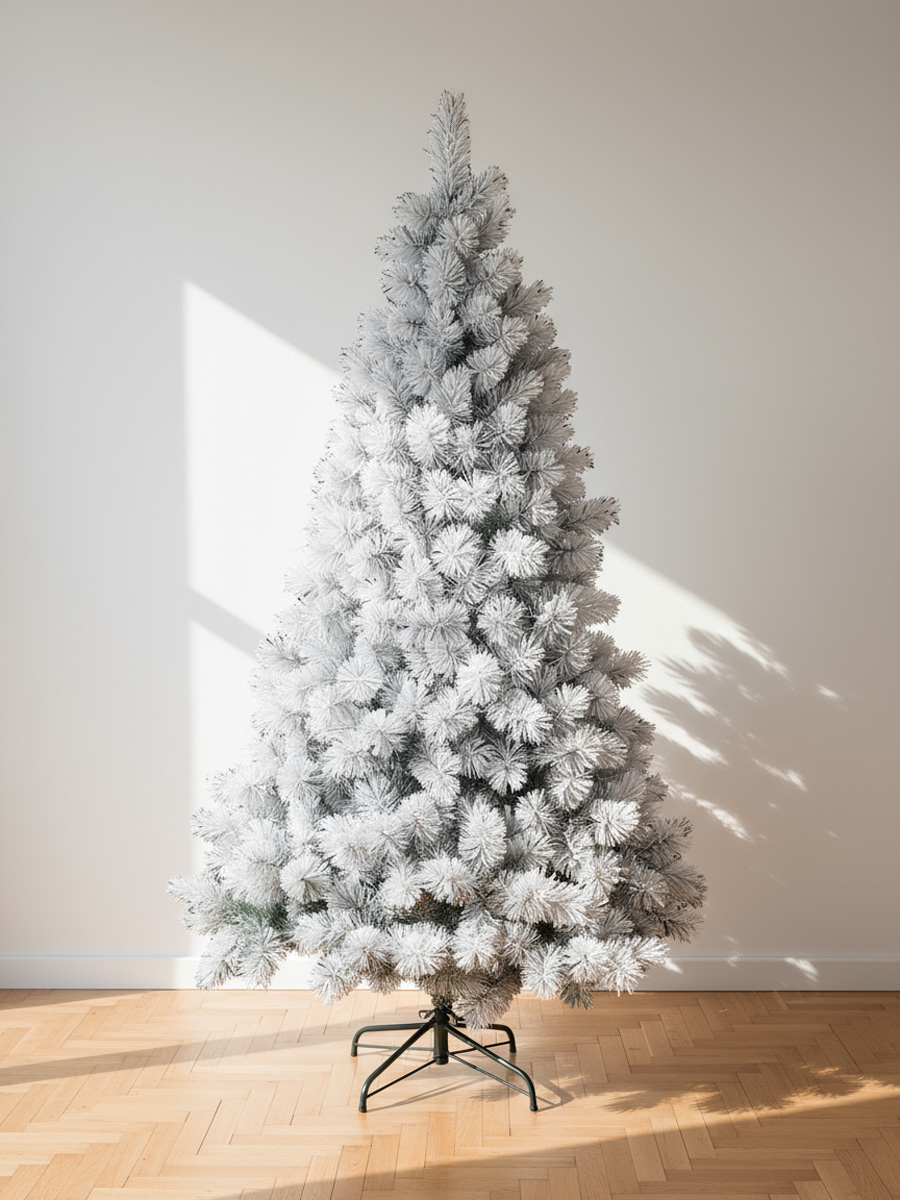 Arbre de Noël enneigé sur parquet avec ombres de fenêtre