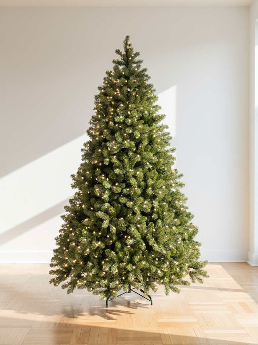 Sapin de Noël artificiel illuminé avec des lumières blanches chaudes