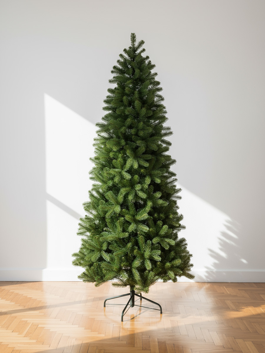 Sapin de Noël vert sur parquet en bois, éclairé par la lumière du soleil