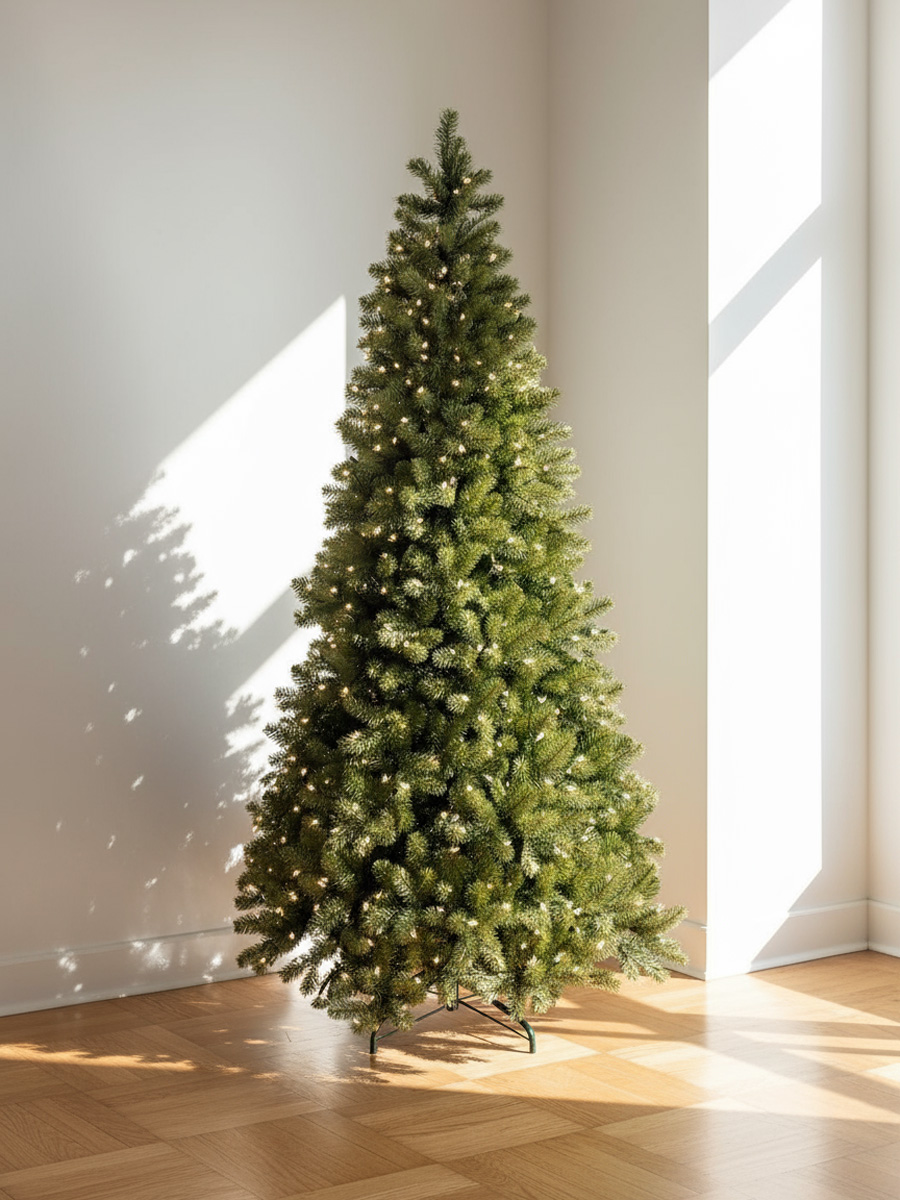 Sapin de Noël vert avec lumières blanches sur un parquet en bois