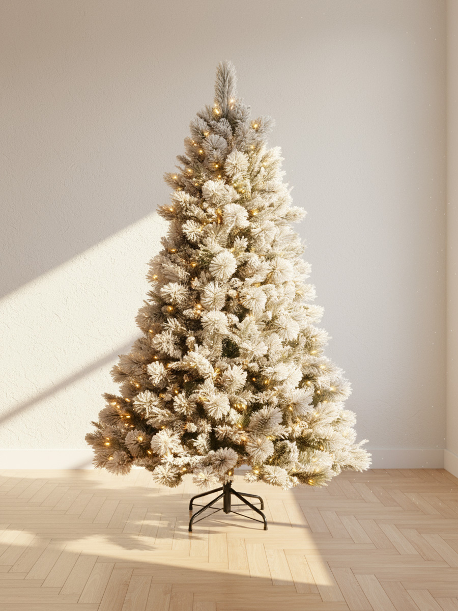 Arbre de Noël enneigé avec lumières chaudes sur un parquet en bois