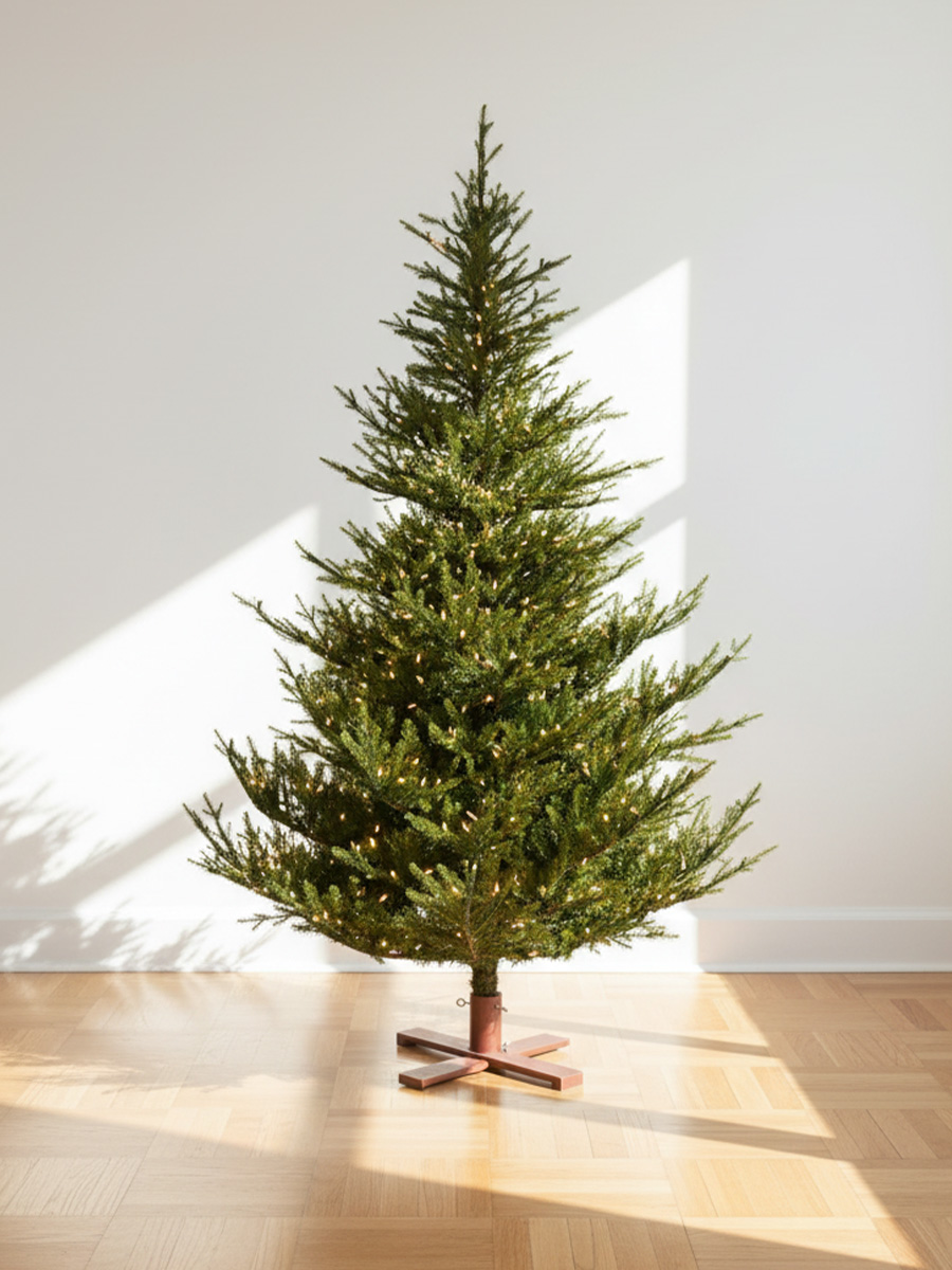 Albero di Natale artificiale con luci su supporto in legno