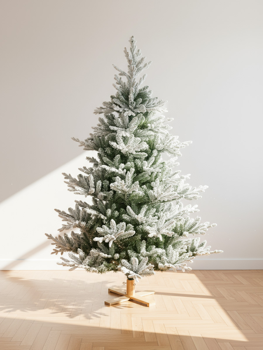 Albero di Natale innevato su pavimento in legno chiaro