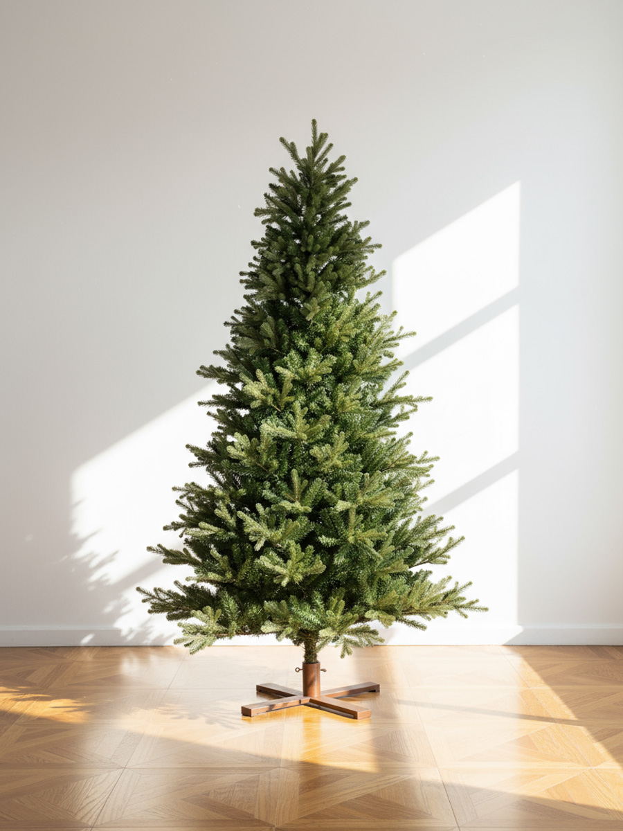 Sapin de Noël vert sur un sol en bois avec des ombres