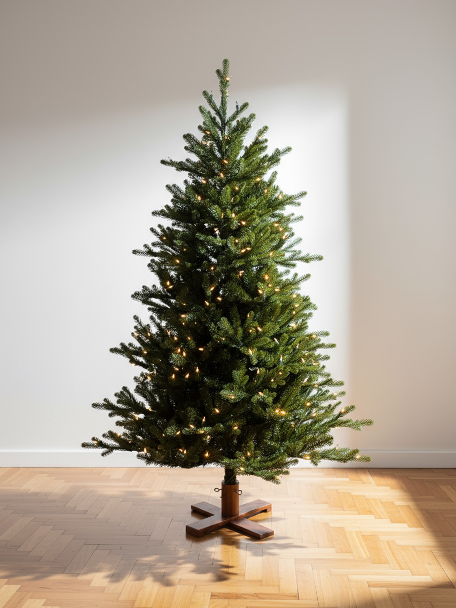 Illuminated green Christmas tree on a wooden floor