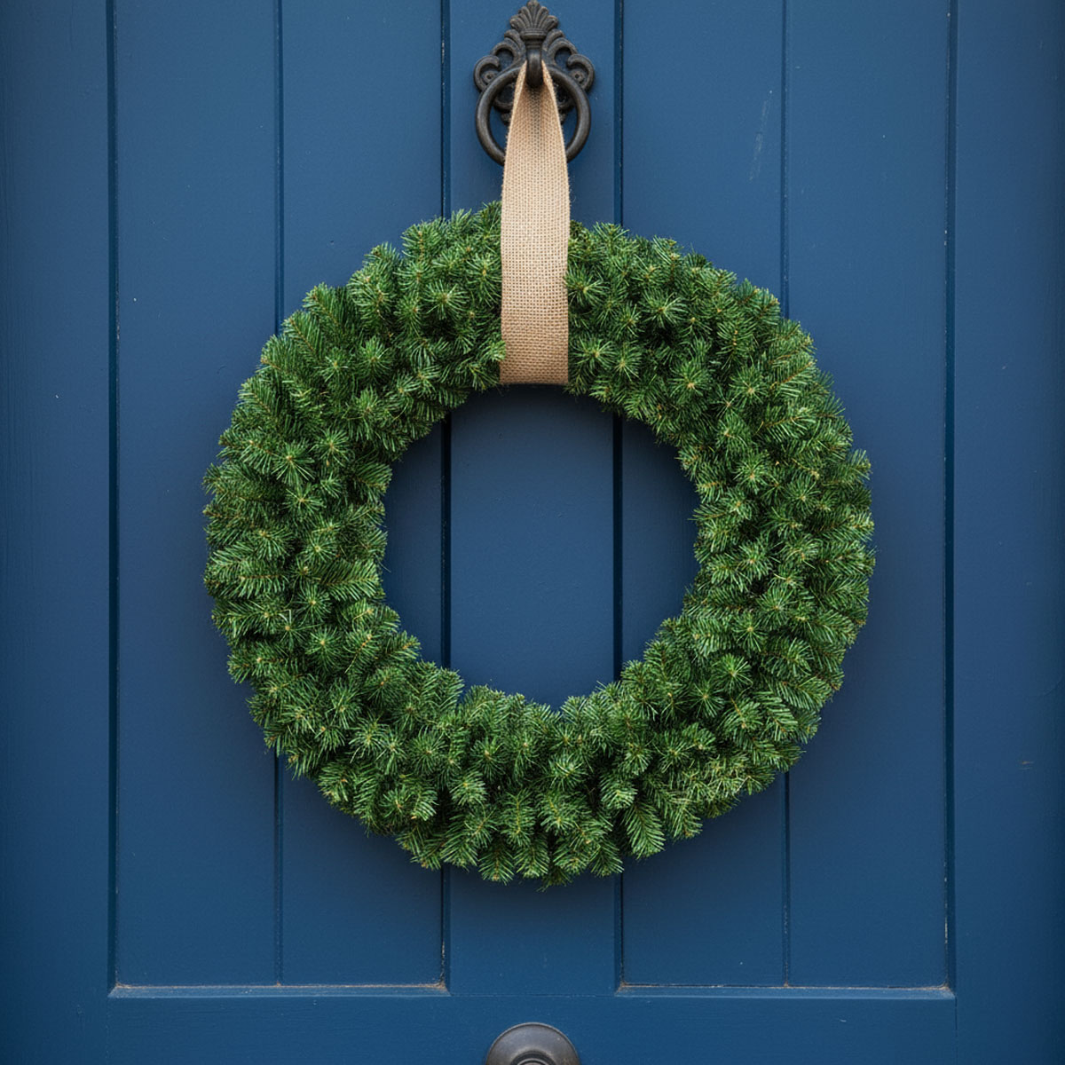 Couronne de sapin verte suspendue à une porte bleue avec un ruban de jute
