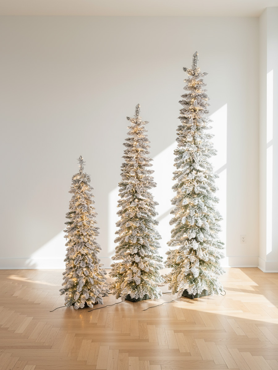 Three snow-covered fir trees with lights on a wooden floor