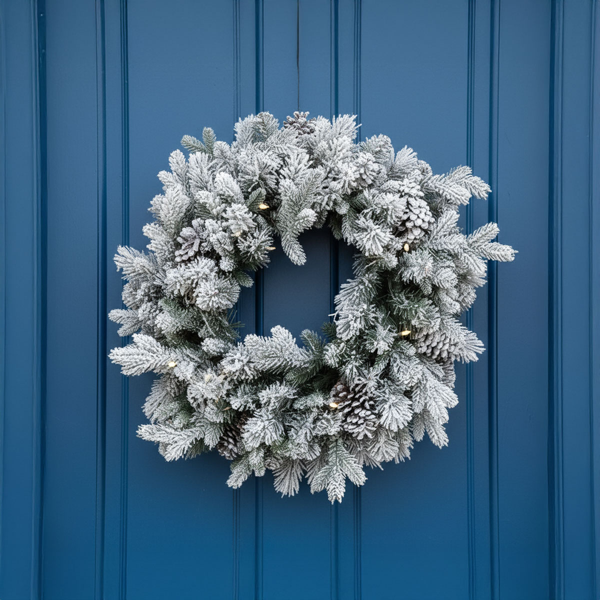 Couronne de Noël enneigée avec des pommes de pin sur une porte bleue