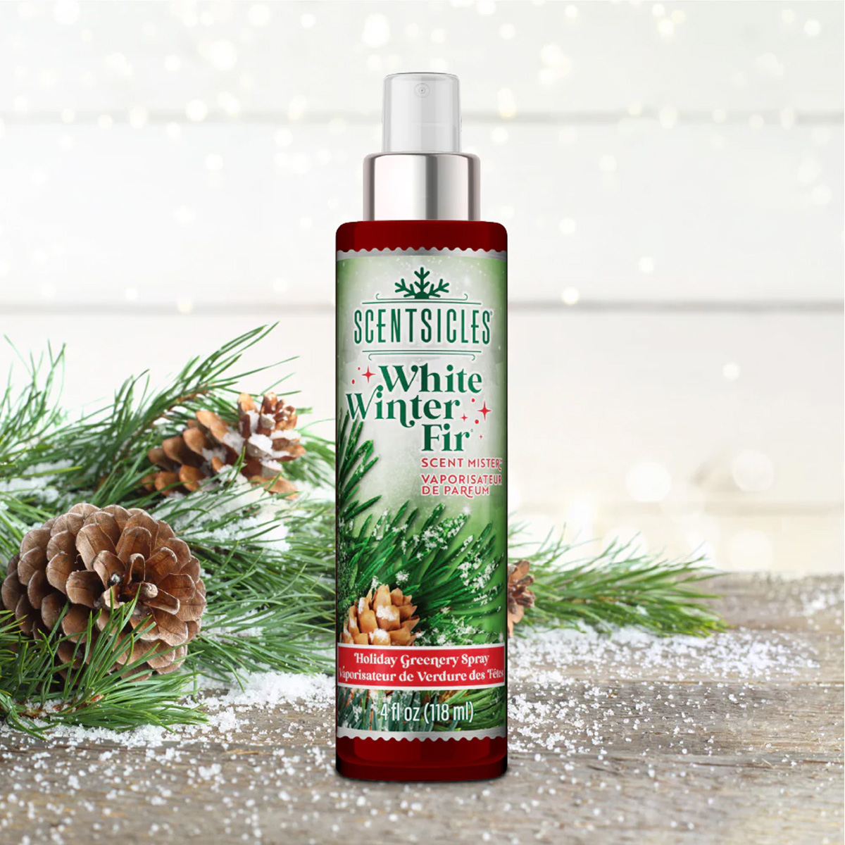 Bouteille de spray SCENTSICLES White Winter Fir avec des pommes de pin et des branches de sapin