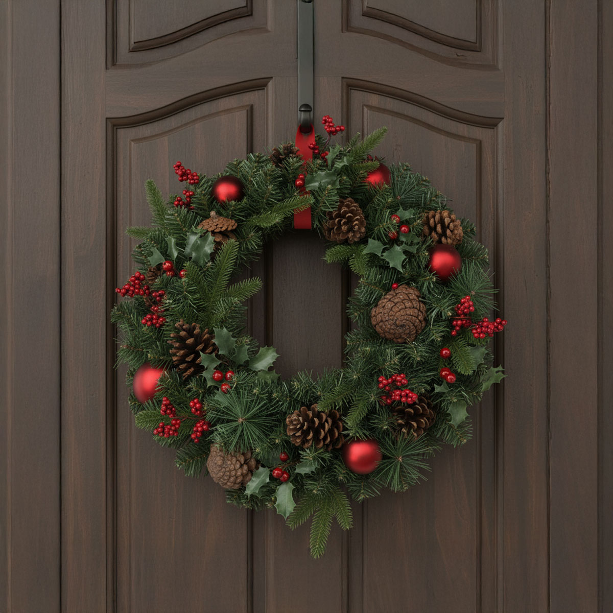 Couronne de Noël sur une porte en bois ornée de pommes de pin et de baies rouges