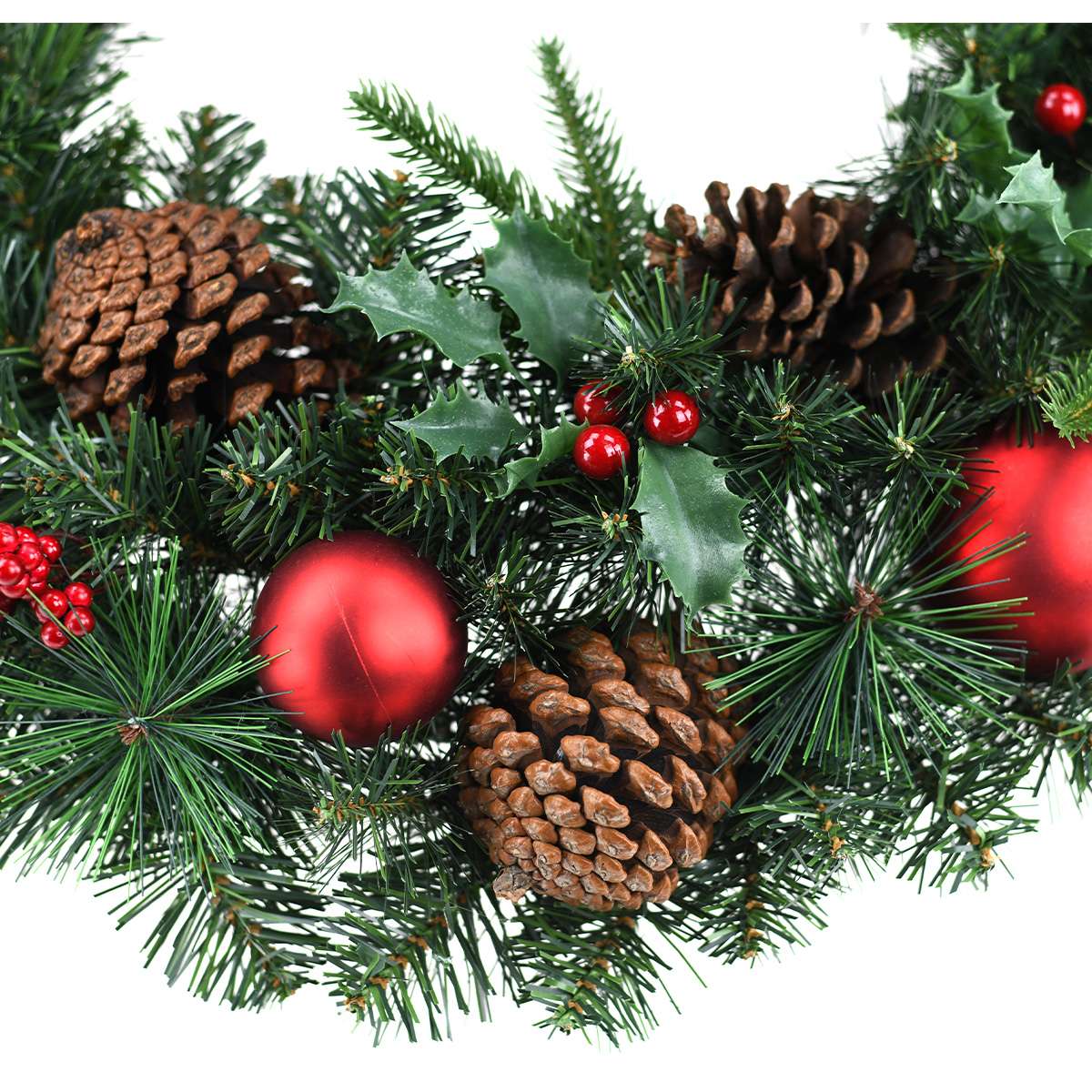 Couronne De Noël Artificielle 46 Cm Avec Pommes De Pin Et Baies Rouges - Décoration Porte, Mur Ou Cheminée - Style Hiver Naturel