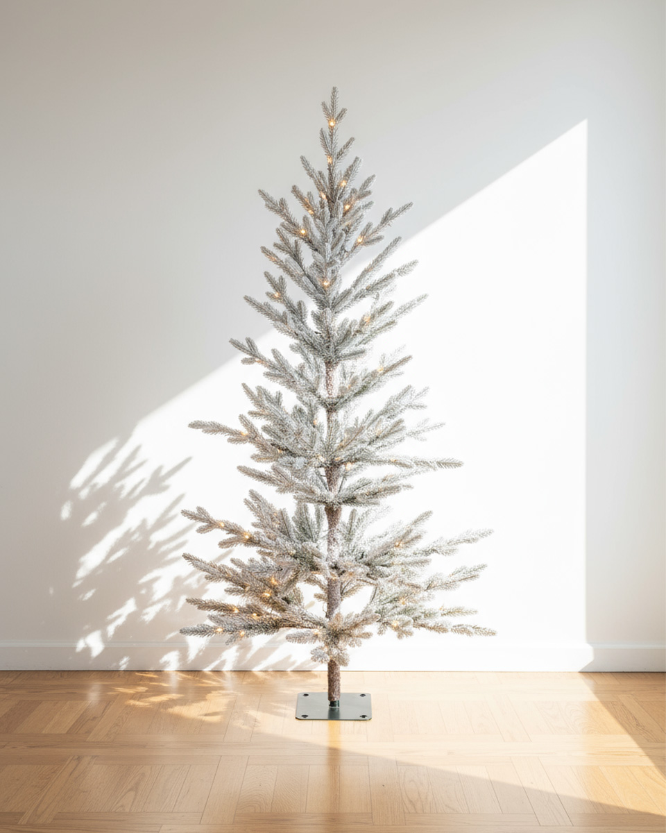 Sapin de Noël enneigé avec lumières sur fond blanc