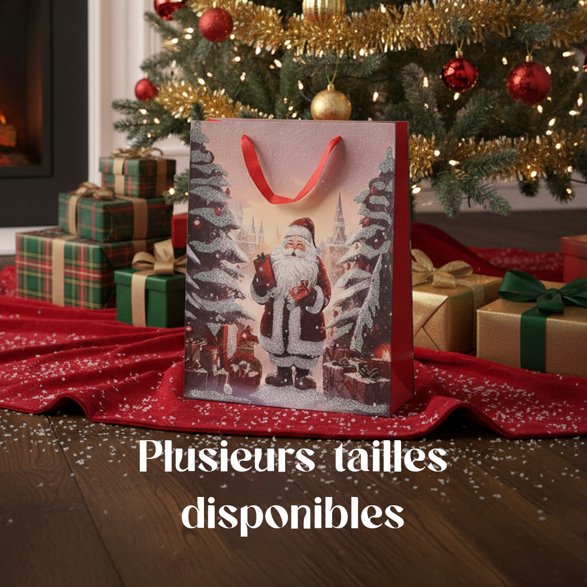 Sac cadeau de Noël avec le Père Noël et des arbres enneigés