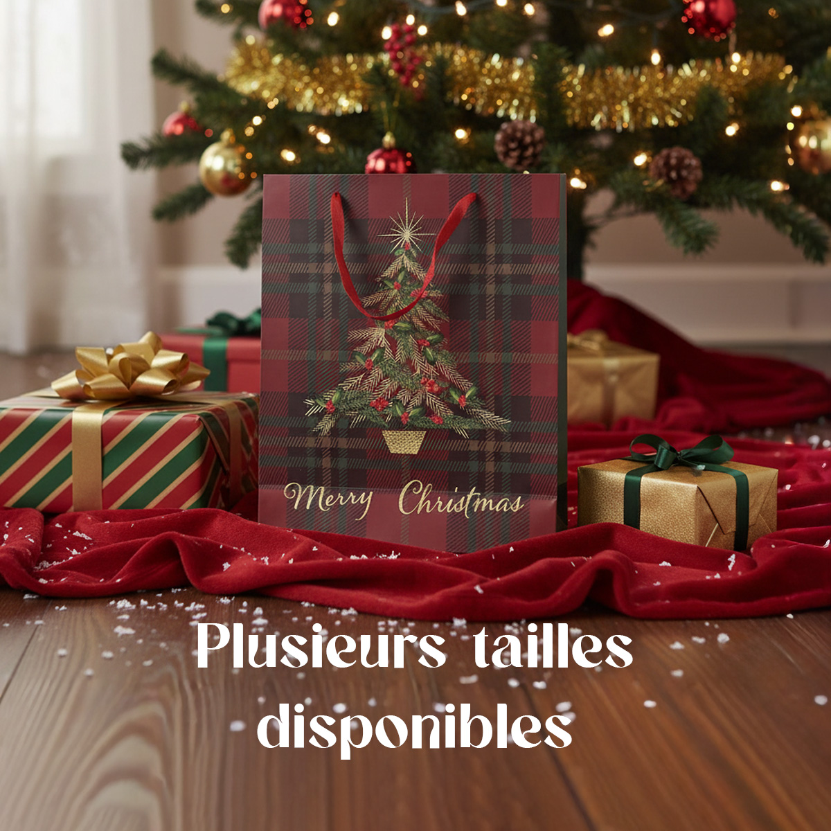 Sacs cadeaux de Noël avec sapin et texte "Plusieurs tailles disponibles"