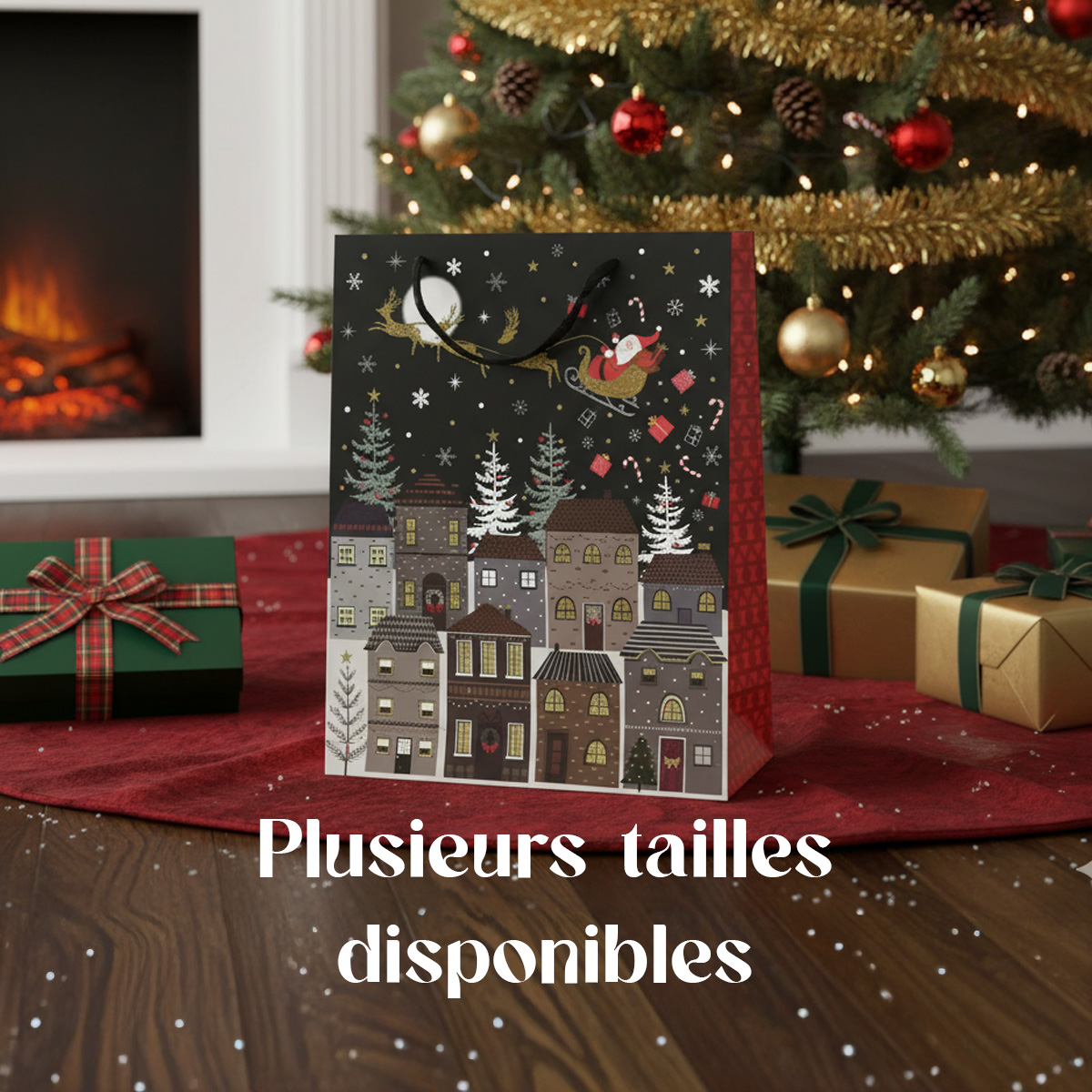 Sac cadeau de Noël avec un village enneigé et le Père Noël