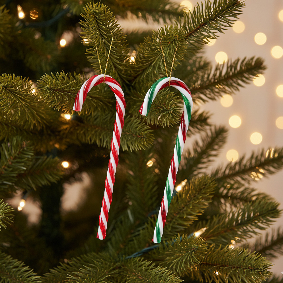 Bonbons canne de Noël rouges et verts suspendus à un sapin