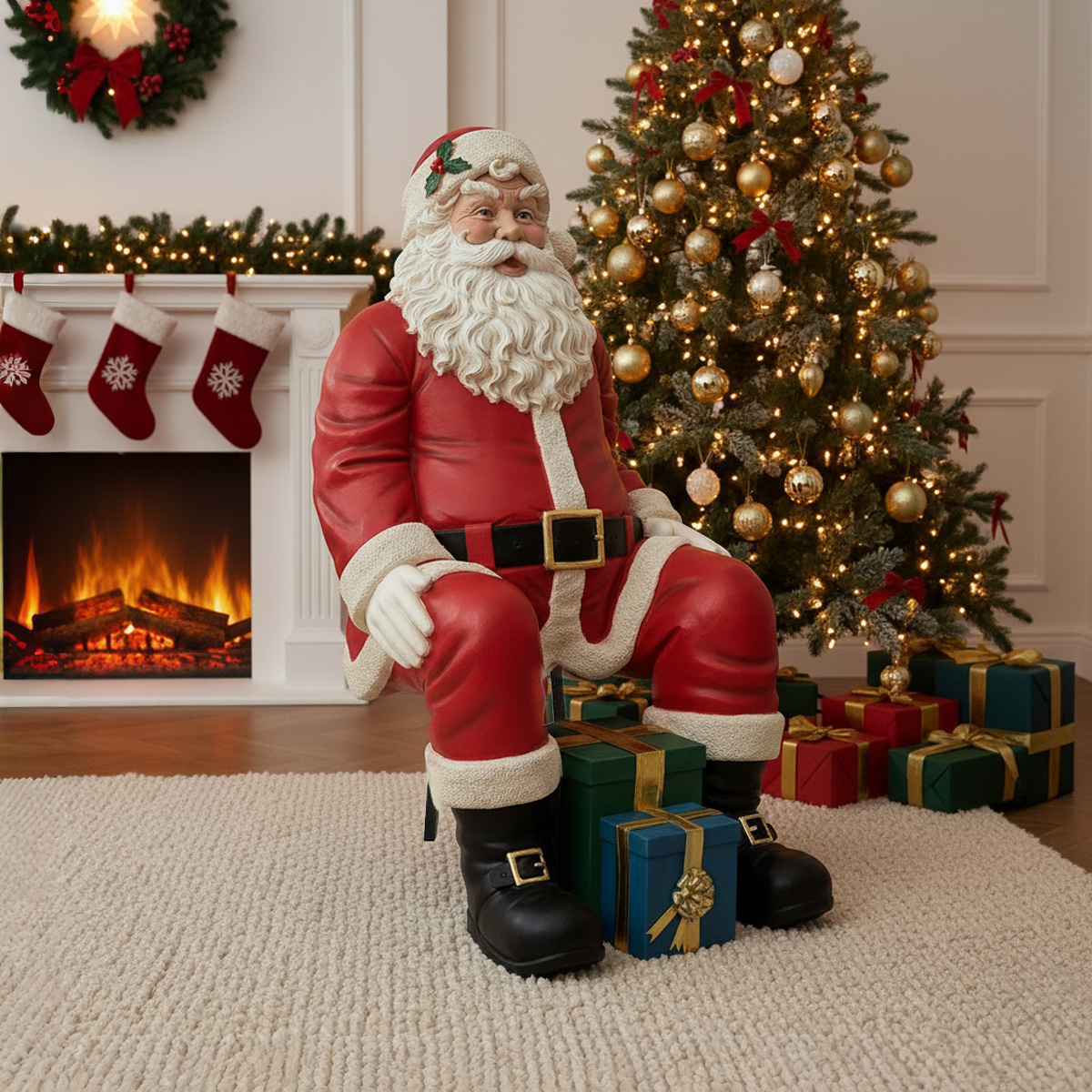 Père Noël assis sur des cadeaux devant un sapin de Noël décoré