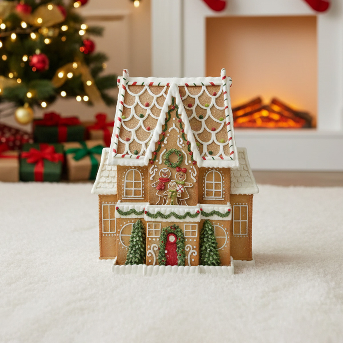 Maison en pain d'épices décorée pour Noël devant une cheminée et un sapin