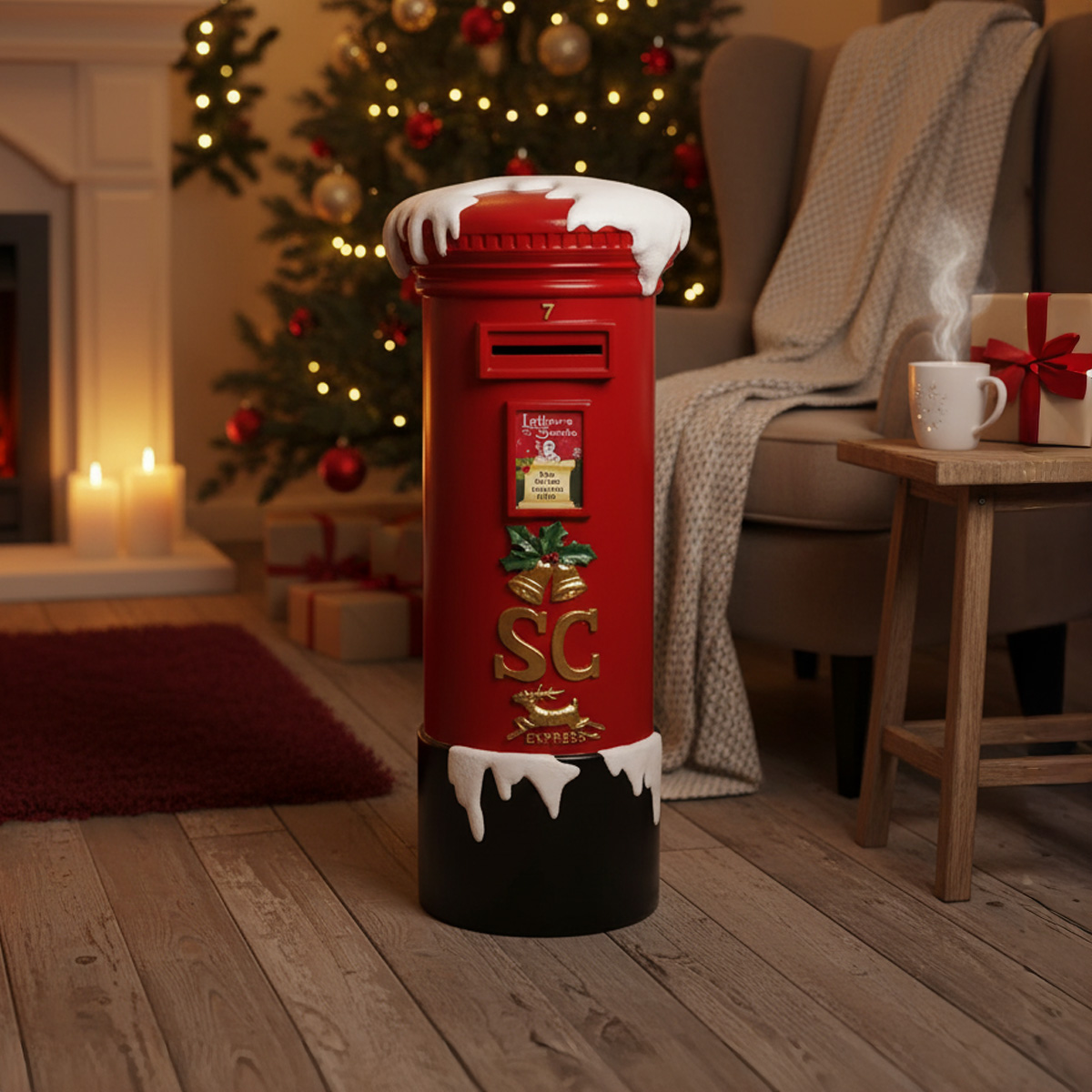 Boîte aux lettres rouge de Noël avec neige et décorations festives