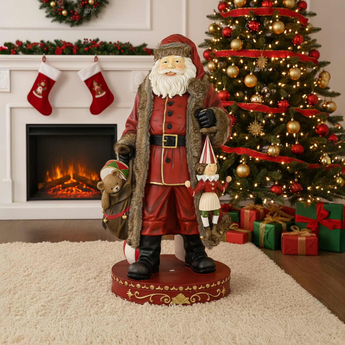 Père Noël décoratif avec un ours en peluche et une figurine de lutin