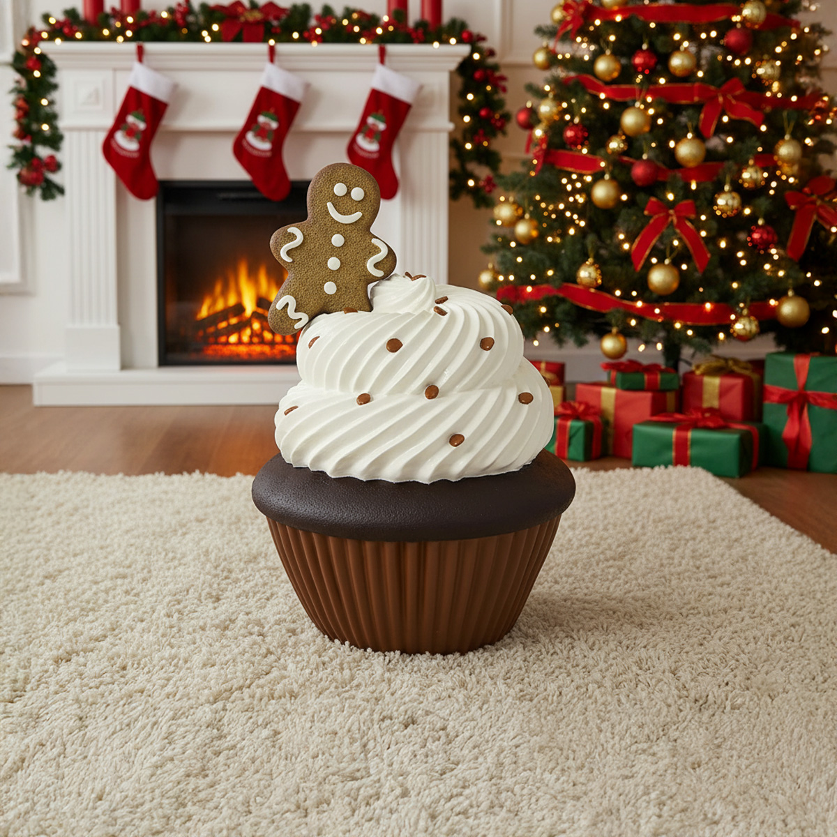 Cupcake géant avec un bonhomme en pain d'épice devant une cheminée et un sapin de Noël