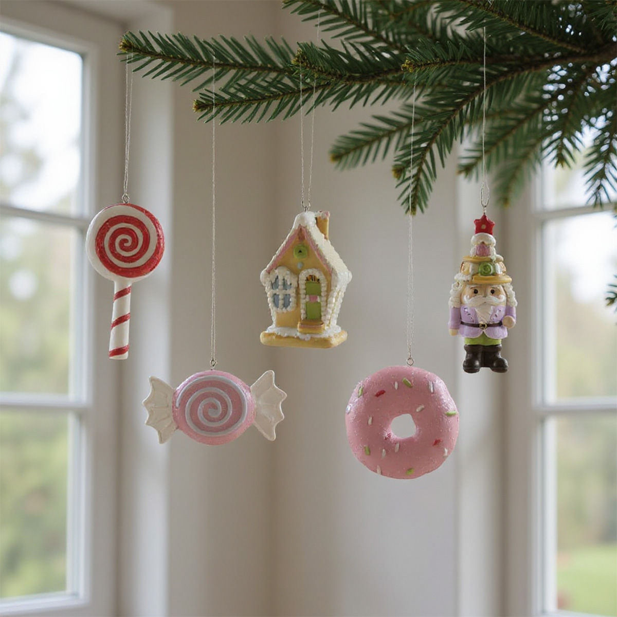 Decorazioni natalizie a forma di caramelle, casette di pan di zenzero e schiaccianoci