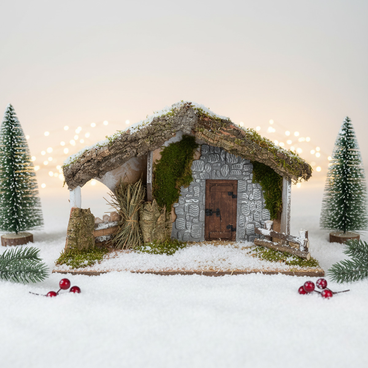Crèche de Noël avec maison en pierre, sapins et neige