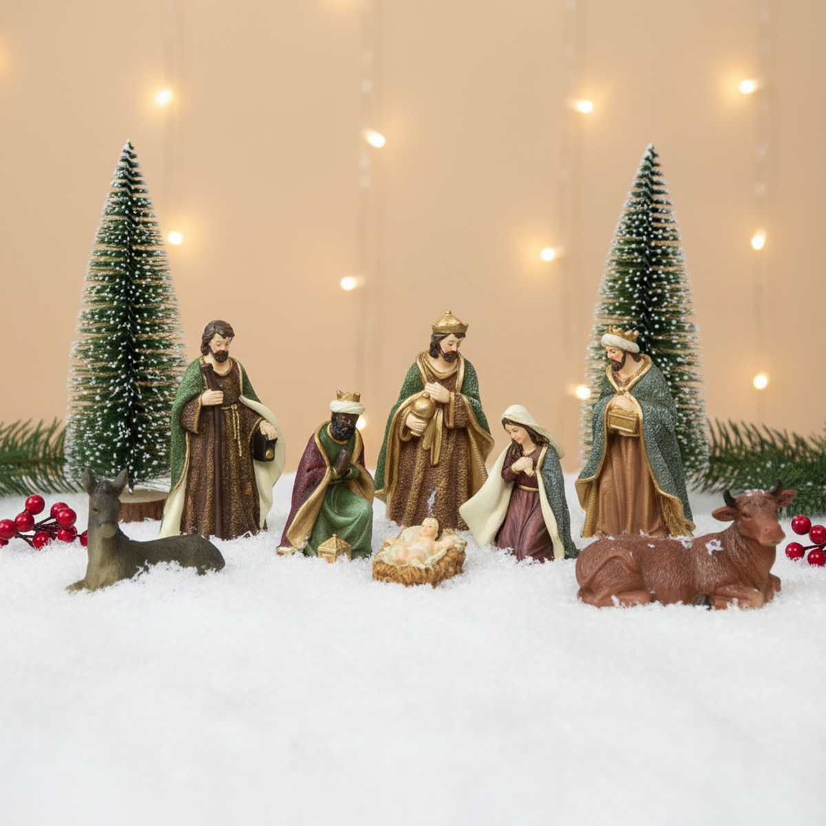 Statuine del presepe con Maria, Giuseppe, i Re Magi, Gesù, un asino e un bue