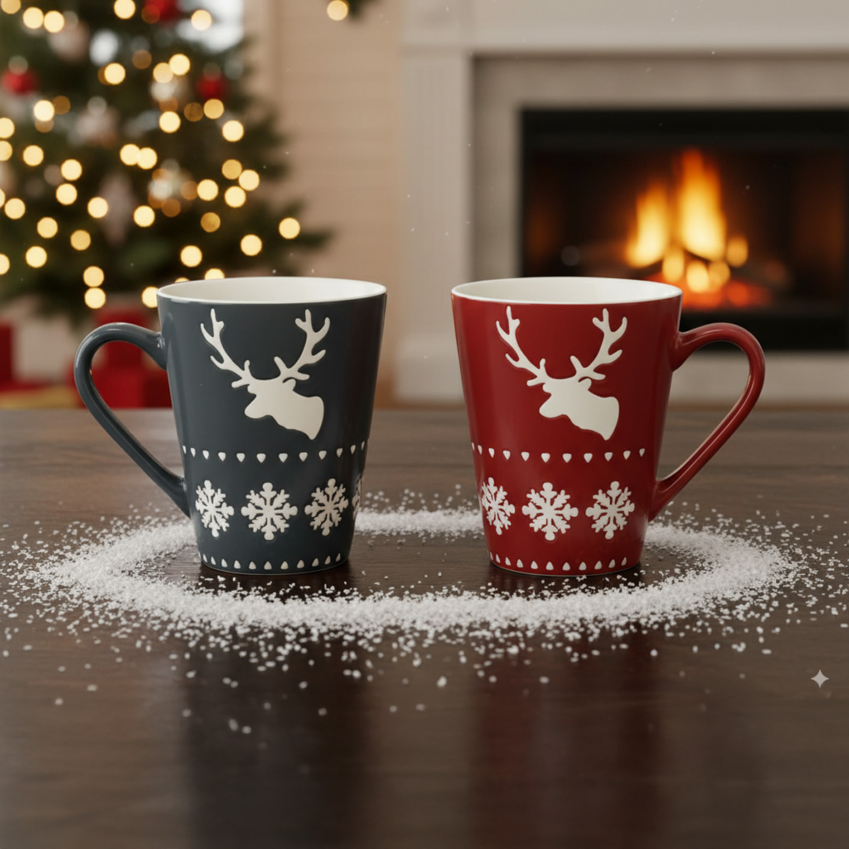 Tasses de Noël avec rennes et flocons de neige devant une cheminée