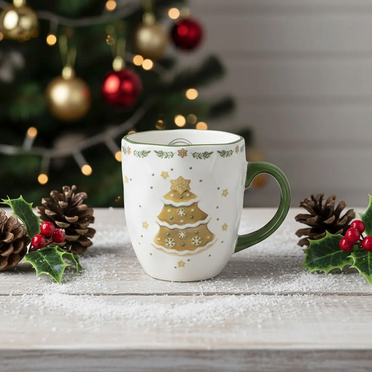 Tasse de Noël avec un sapin décoré, entourée de pommes de pin et de houx