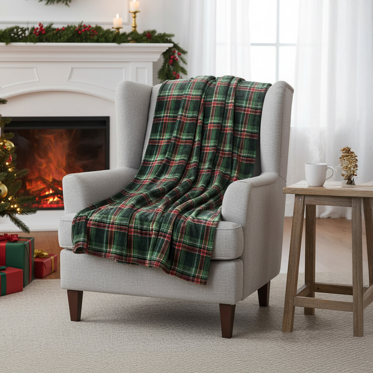 Fauteuil gris avec plaid à carreaux verts et rouges près d'une cheminée