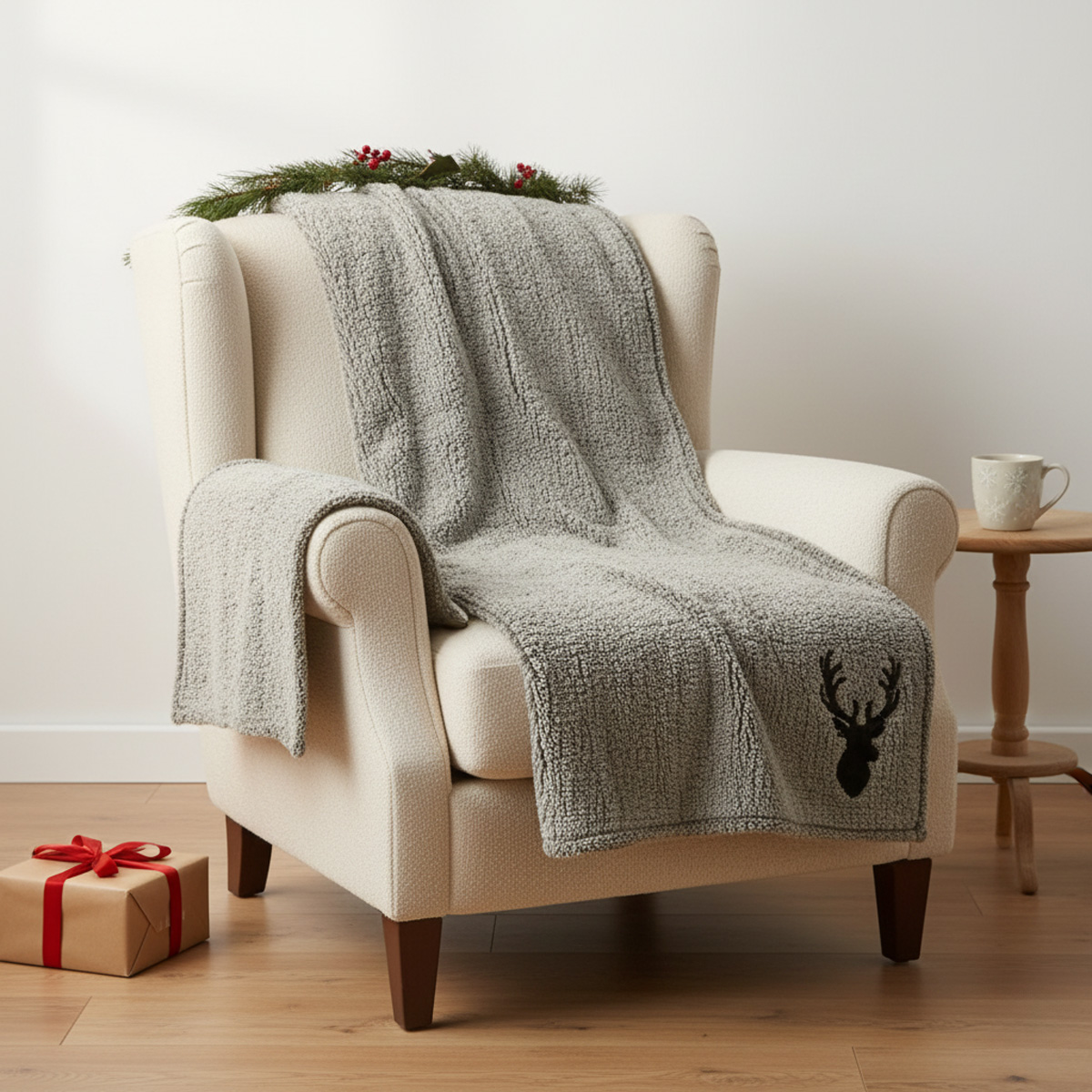 Couverture grise avec tête de cerf sur un fauteuil blanc