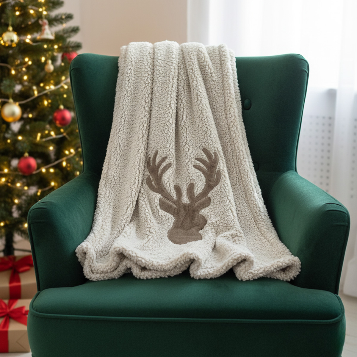 Couverture en sherpa avec tête de cerf sur un fauteuil vert devant un sapin de Noël