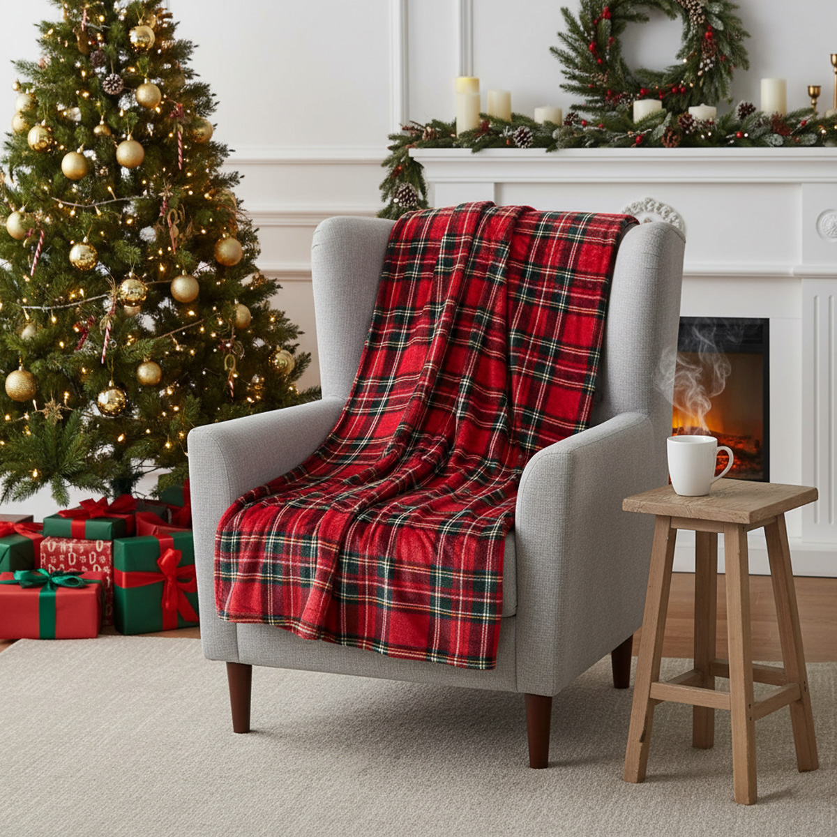 Fauteuil gris avec plaid à carreaux écossais rouge devant un sapin de Noël