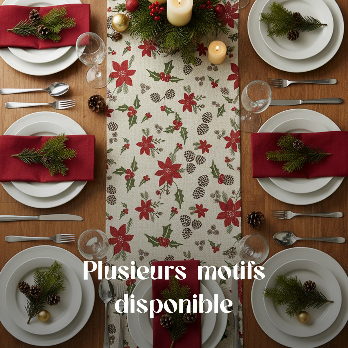 Chemin de table festif avec motifs de poinsettias et de pommes de pin