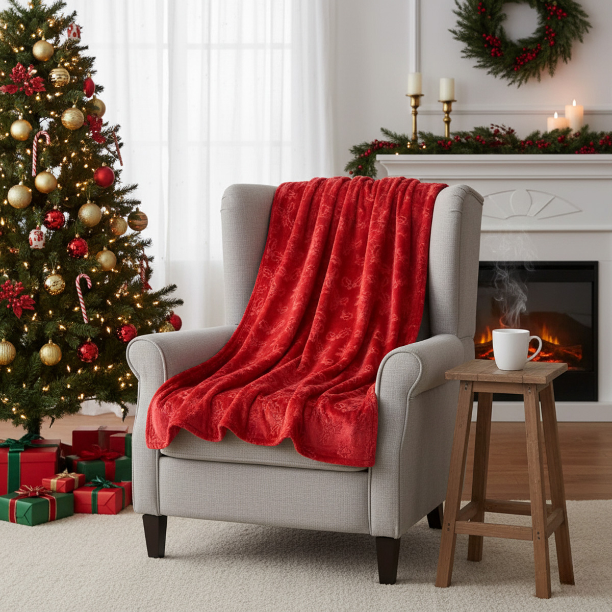 Fauteuil gris avec plaid rouge devant un sapin de Noël et une cheminée