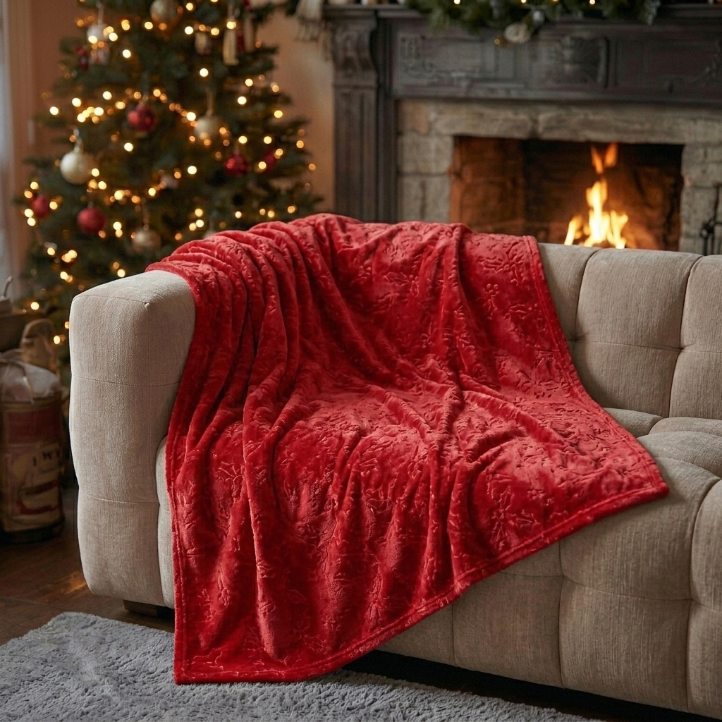 Plaid Simple Rouge avec Feuilles de Houx Embossés