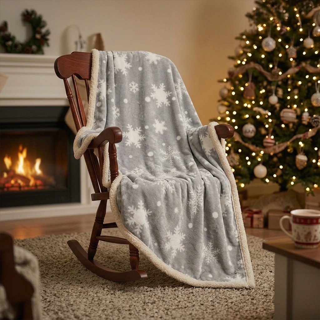 Plaid Gris avec Flocons et Doublure Sherpa