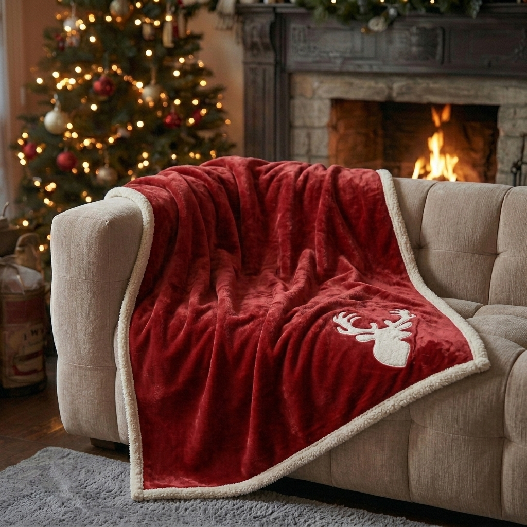 Plaid Rouge avec Tête de Renne Brodée et Doublure Sherpa
