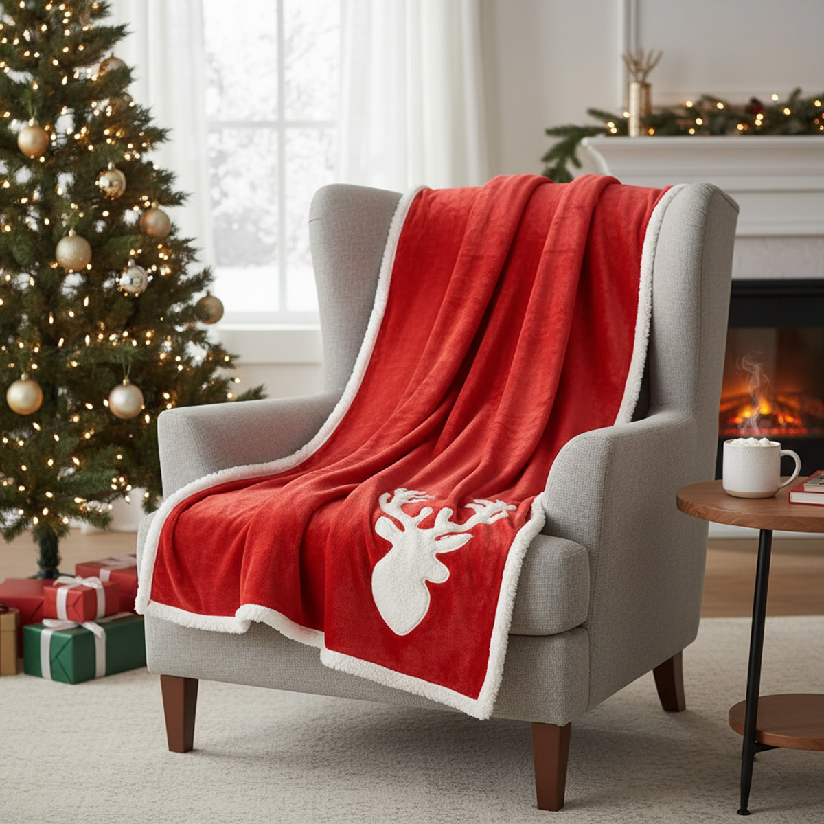 Couverture rouge avec tête de cerf sur un fauteuil gris, sapin de Noël et cheminée