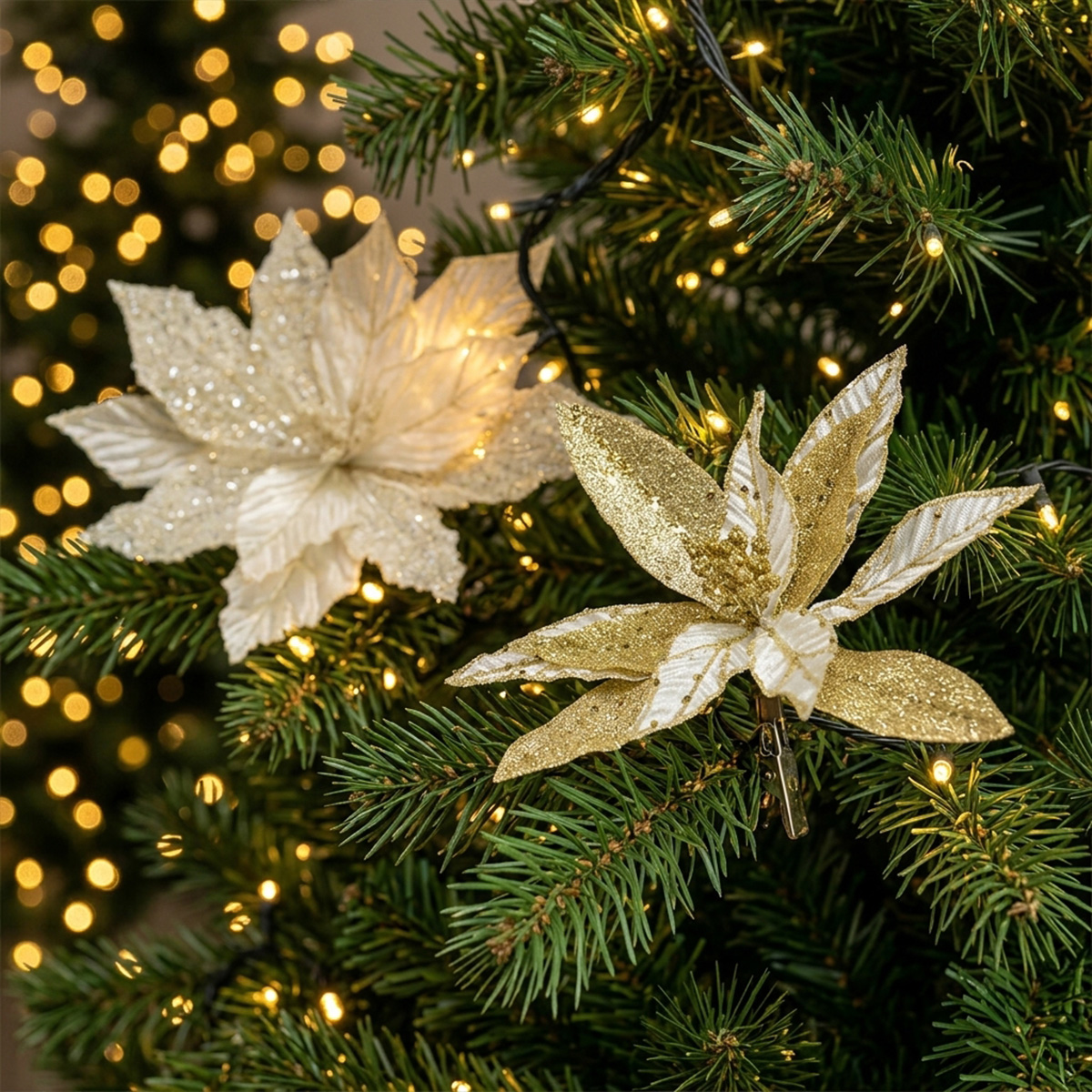 Fleurs de poinsettia dorées et blanches sur un sapin de Noël décoré