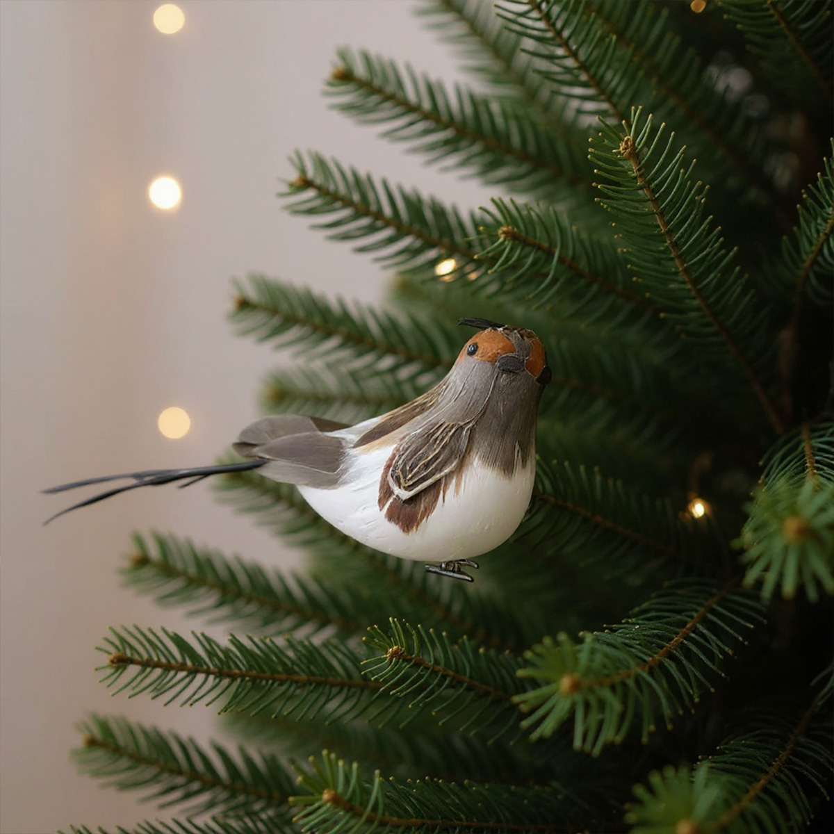 Ornement d'oiseau sur un sapin de Noël avec des lumières floues