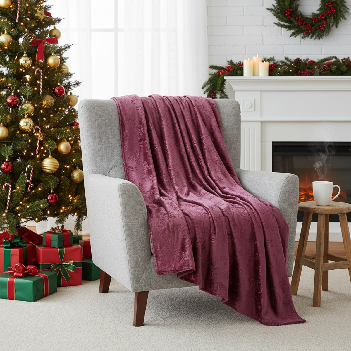 Fauteuil gris avec couverture bordeaux devant un sapin de Noël décoré