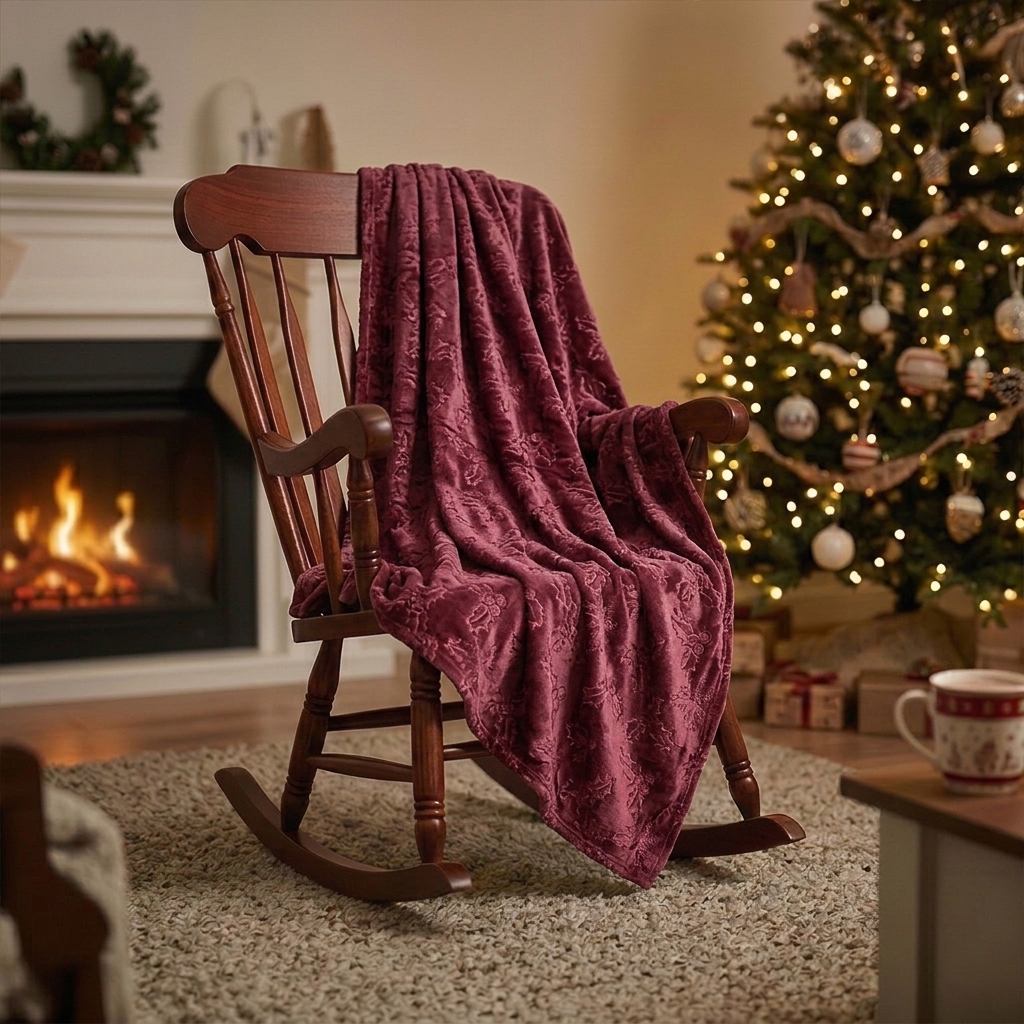 Plaid Simple Bordeaux avec Feuilles de Houx Embossés
