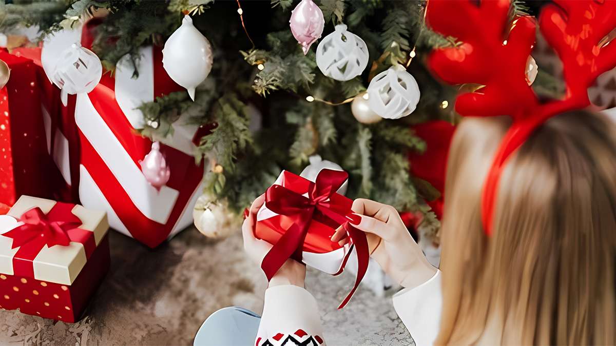 Une personne tient un cadeau rouge devant un sapin de Noël décoré avec des ornements.