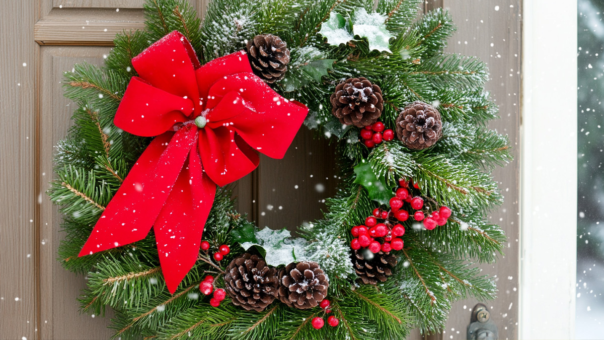 Weihnachtskranz mit Tannenzweigen und Tannenzapfen